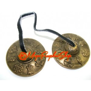Brass Tibetan Tingsha Cymbals with Eight Auspicious Objects