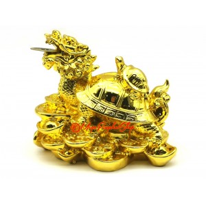 Golden Dragon Tortoise with Child on Bed of Coins