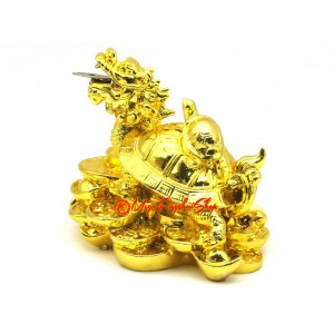 Golden Dragon Tortoise with Child on Bed of Coins